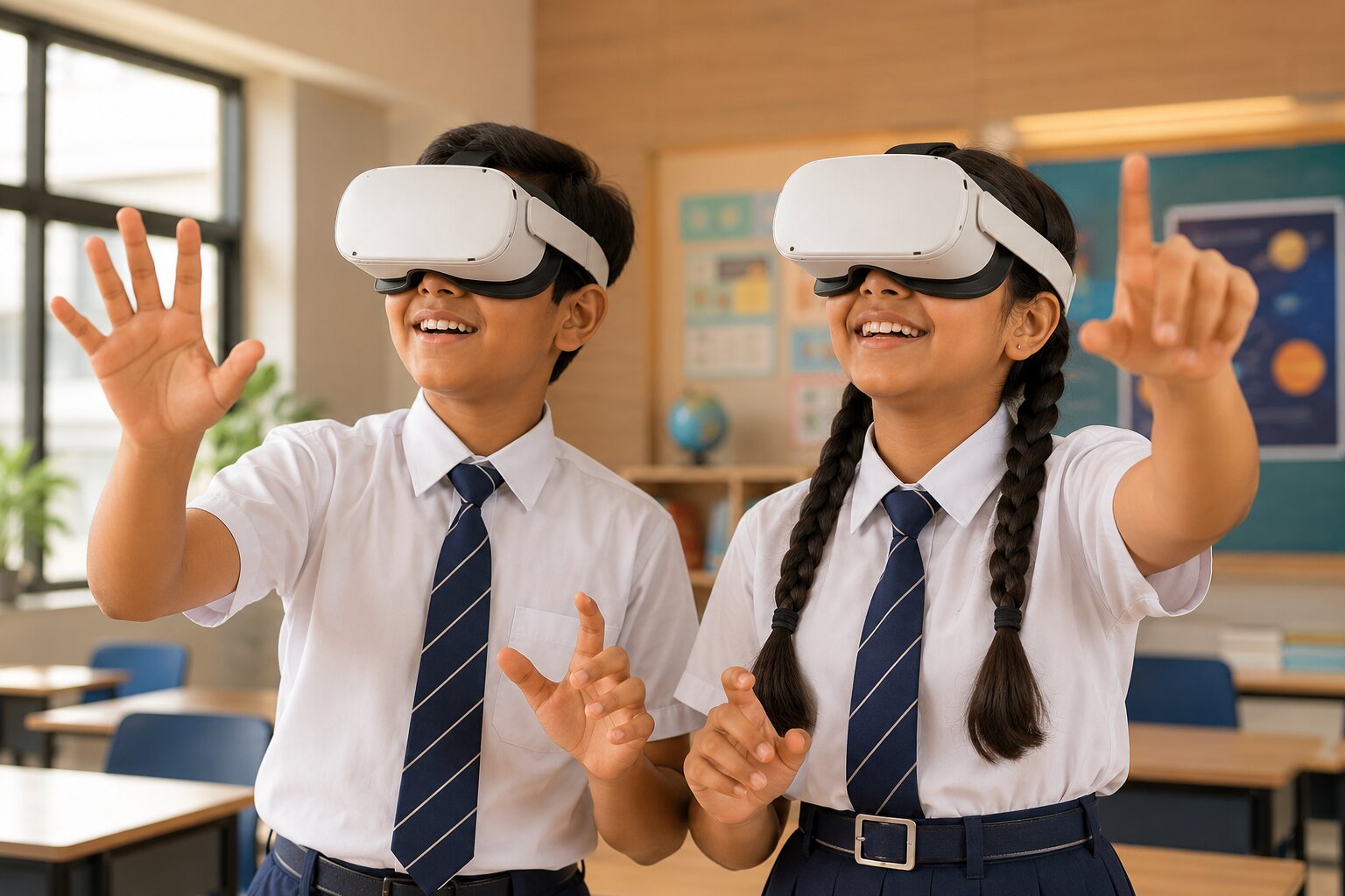 Students using fotonVR headsets in classroom