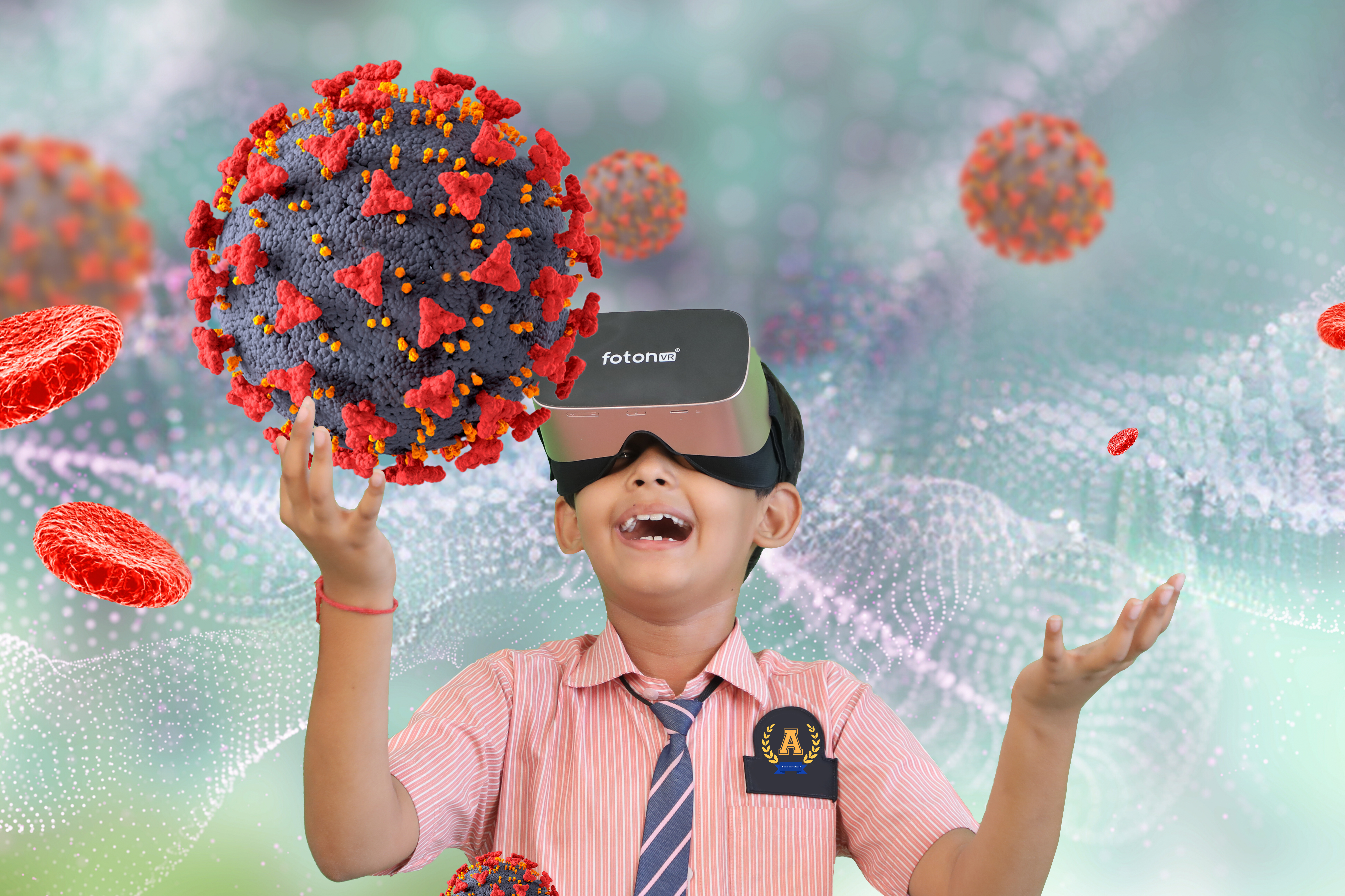 Teacher supporting a student wearing a VR headset